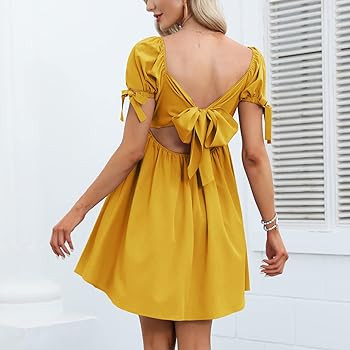EXLURA Womens Summer Dress Square Neck Backless High Waist Tie Back Short Puff Sleeve Babydoll Mi... | Amazon (US)