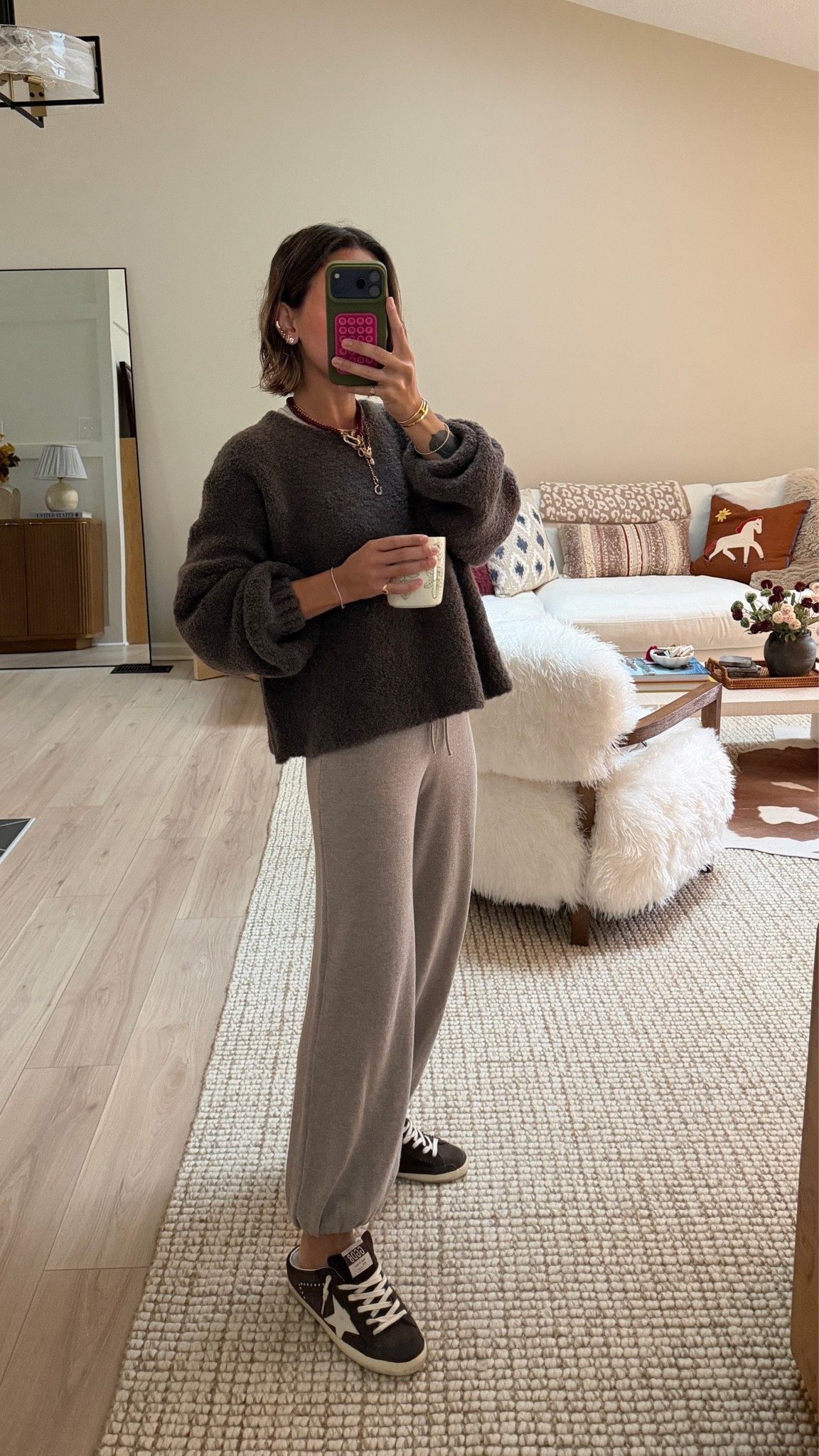 Small sweater XS petite bottoms! Love Back70 for another great sneaker mule option🤎