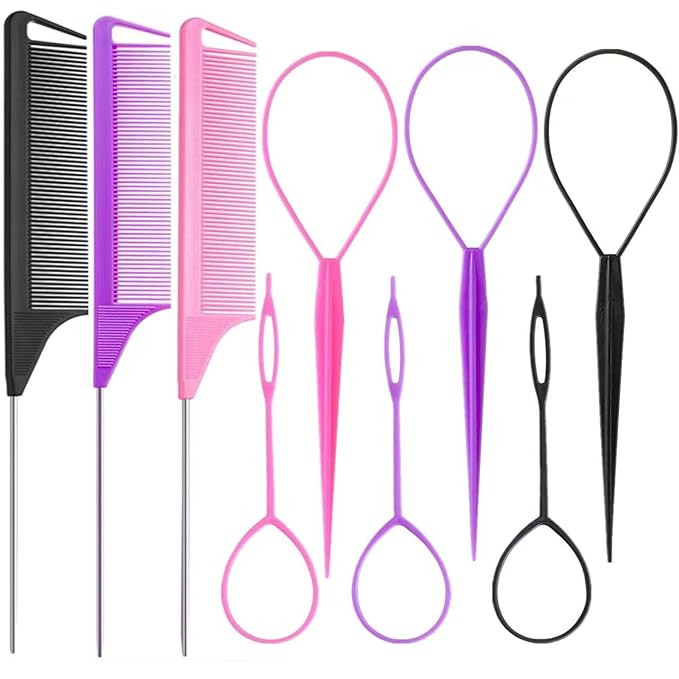 9pcs Topsy Hair Tail Tool and rat tail comb set,6pcs French Braiding Tool ring,3Pcs Metal Parting... | Amazon (US)