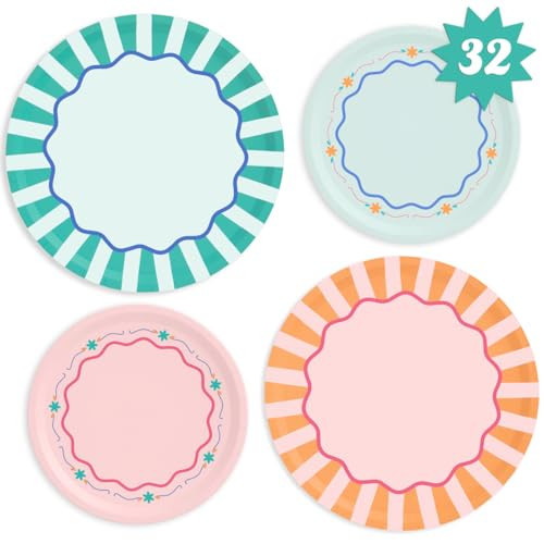 xo, Fetti Italian Summer Paper Plates - 32 pk, 16 9" plates + 16 7" plates | Bachelorette Party Decorations, Last Toast Coast, Birthday Party Supplies, Flower Baby Shower, Stripe Cake Plates | Amazon (US)