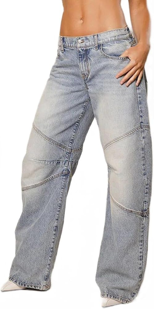Womens Straight Wide Leg Jeans Stretchy High Waist Y2K Baggy Loose Fit Distressed Pockets Boyfrie... | Amazon (US)