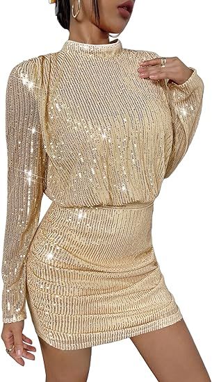 Floerns Women's Sequin Mock Neck Long Sleeve Ruched Party Bodycon Mini Dress | Amazon (US)
