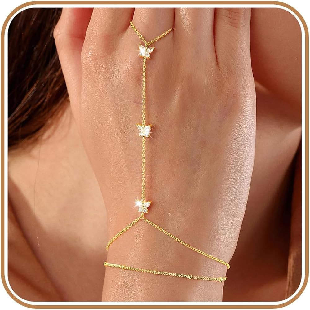 Ursteel 14K-Gold-Plated Hand Chain Bracelet for Women, Dainty Ring Bracelet Hand Chain Cubic Zirc... | Amazon (US)