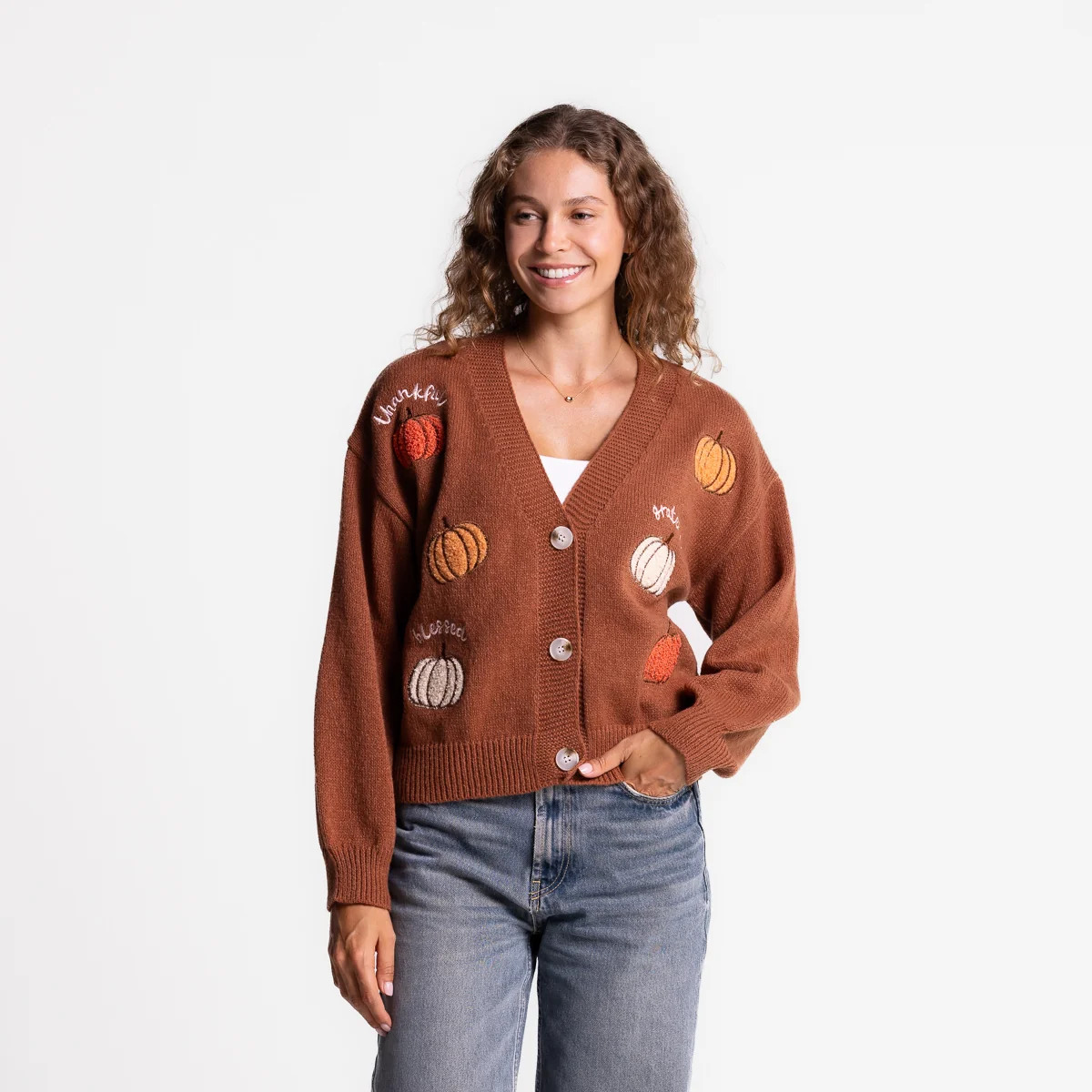Thankful Grateful Blessed Pumpkins Embellished Cardigan | Love in Faith