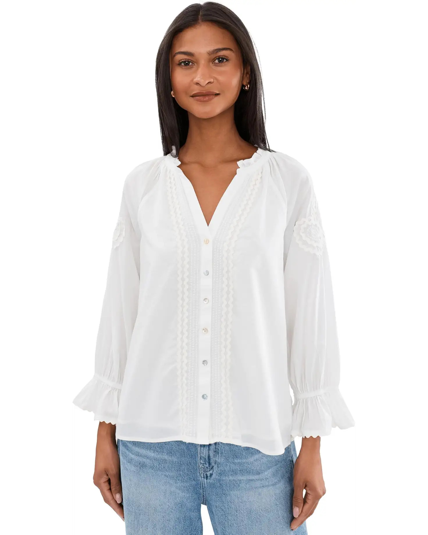 Women's Liverpool Los Angeles 3/4 Sleeve Button Front Woven Top With Embroidery | Zappos.com