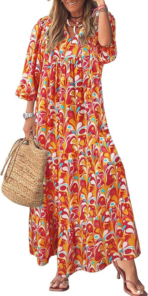 miduo Womens Loose Fit Casual Summer V Neck Half Sleeve Bohemian Geometric Pattern Maxi Long Dres... | Amazon (US)
