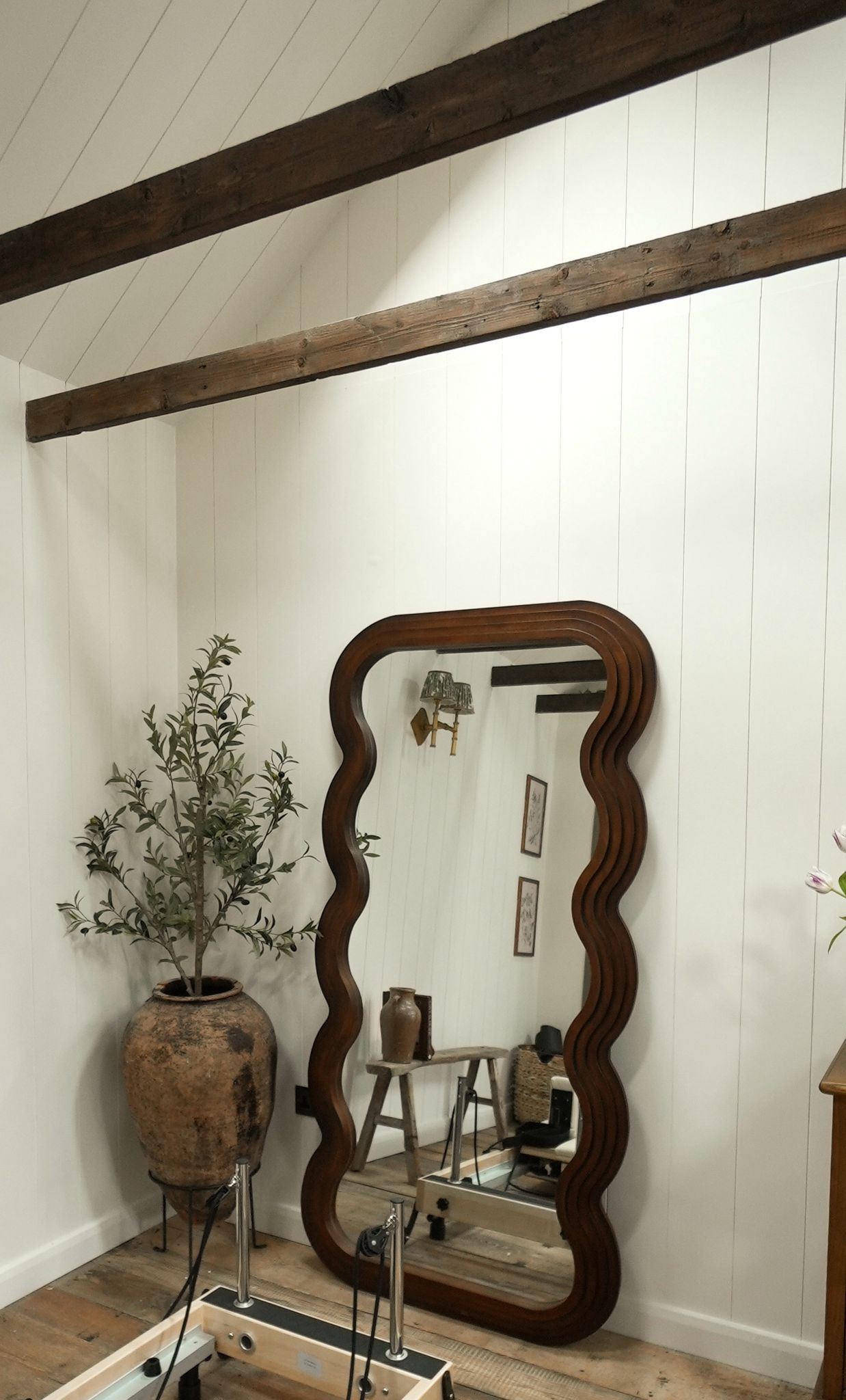 Pilates studio decor, interior inspiration, home inspiration, faux olive tree, abstract shaped large mirror, Olivias, interior decor, rustic style, country home style   

 #LTKuk #LTKhome #LTKstyletip