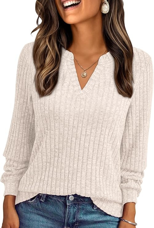 AUTOMET Womens V Neck Long Sleeve Shirts Casual Lightweight Tunic Sweaters Fall Fashion Tops Tren... | Amazon (US)