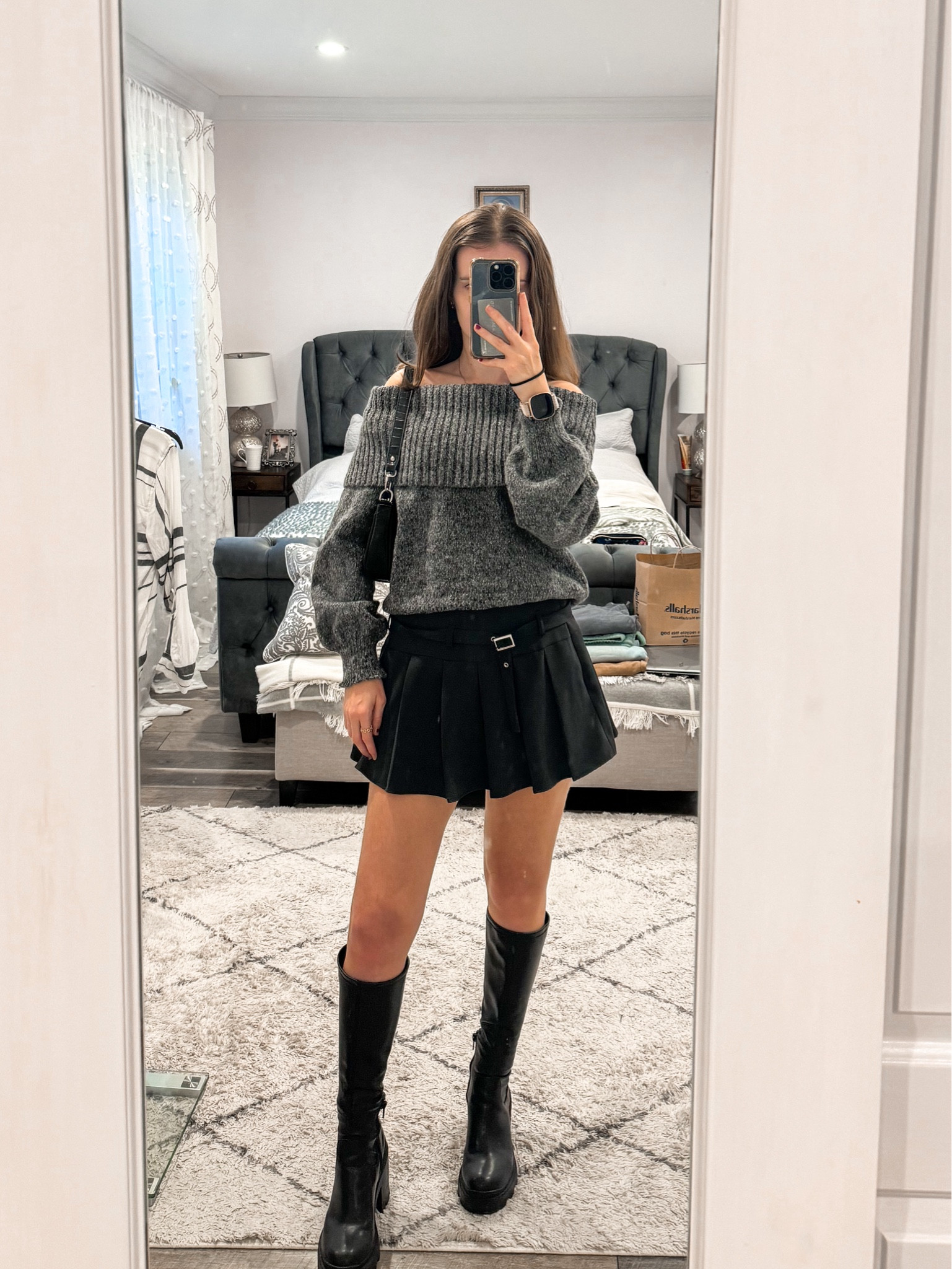 An off the shoulder sweater paired with a grey pleated mini skirt, knee high boots and a shoulder bag makes a cute fall outfit idea
.
.
.
.
.
.
#LTKFallSale #LTKSeasonal #LTKU #LTKSaleAlert #LTKParties #LTKTravel #LTKShoeCrush #LTKItBag 

Fall outfits | fall fashion | fall shoes | fall boots 2024 | sweater and skirt | fall sweater | grey sweater | gray sweater | knit sweater | skirt outfits | skirt and boots | fall skirt outfit | grey skirt | black boots outfit | black knee high boots | tall boots outfit | falls bags | trending bags | outfit inspo | date night outfit 

#LTKFindsUnder50 #LTKStyleTip #LTKFindsUnder100