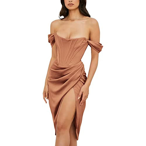 Women Satin Off Shoulder High Split Corset Dress Strapless High Slit Bodycon Ruched Cocktail Party Dress Midi Sexy Night Club Tube Dress Backless Slim Fit Formal Wedding Guest Evening Dress Brown M | Amazon (US)