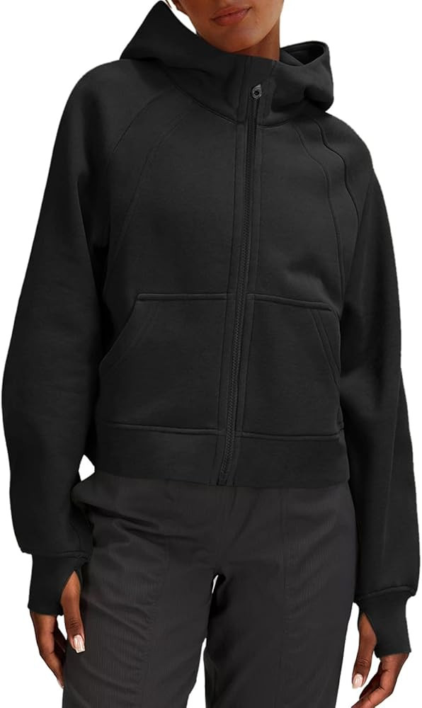 LASLULU Womens Full Zipper Hoodies Fleece Lined Collar Pullover Sweatshirts Long Sleeve Crop Tops Sw | Amazon (US)