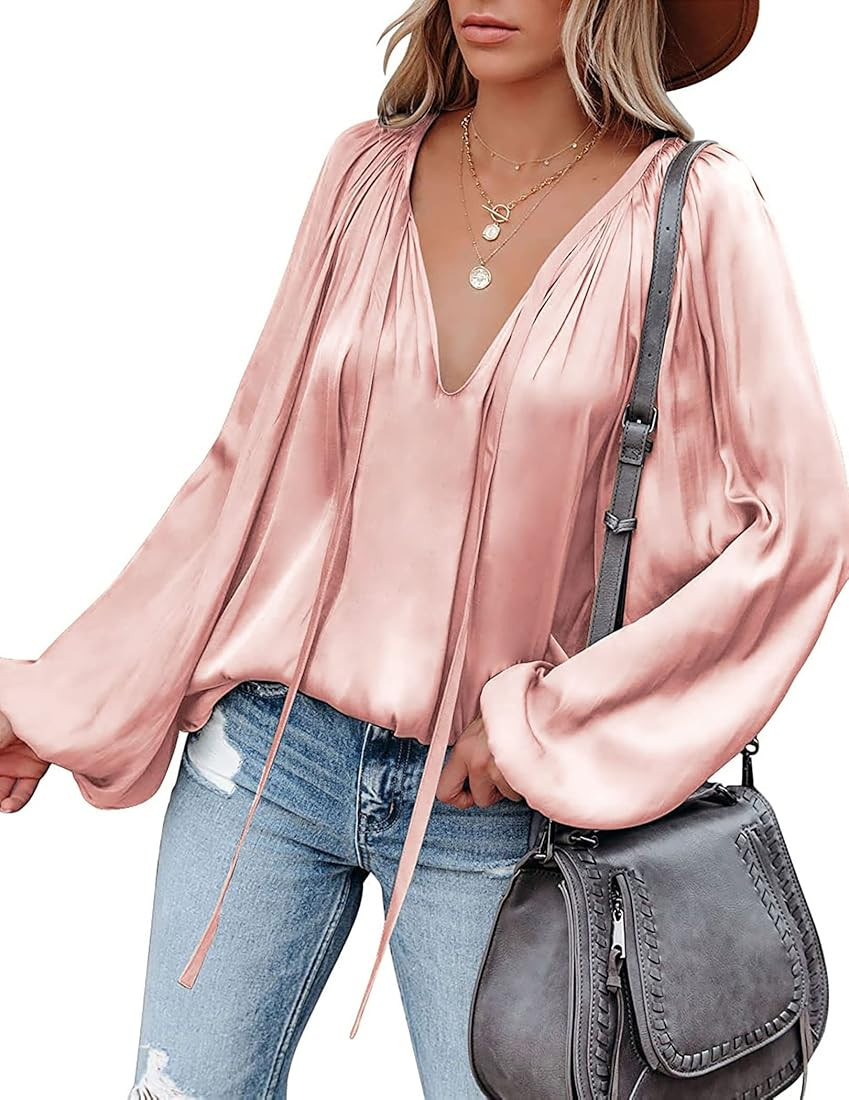 Chigant Women's Satin Silk Blouse Lantern Long Sleeve Shirts Casual V Neck Drawstring Tops S-3XL | Amazon (US)