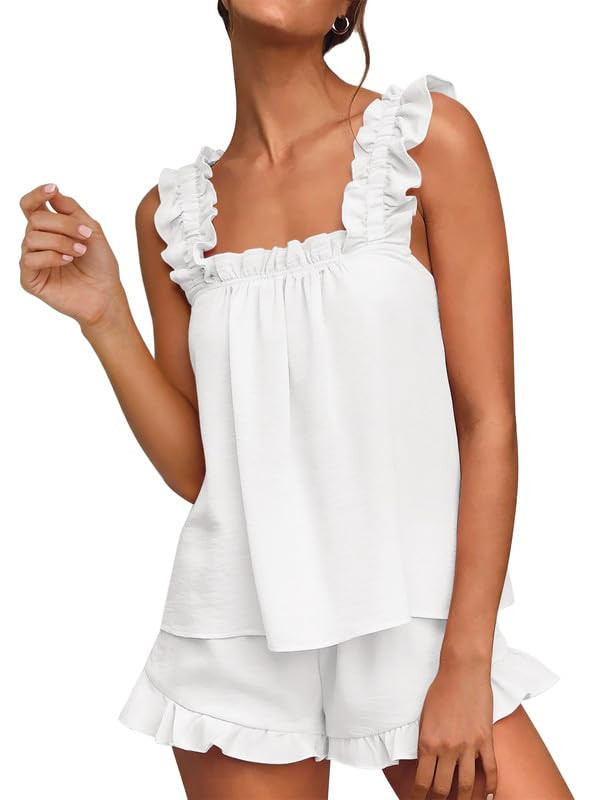 Marvmys Womens Pajamas Set 2 Piece Ruffle Bridal Cute Pajamas Sexy Tank Top and Shorts Bride Slee... | Amazon (US)