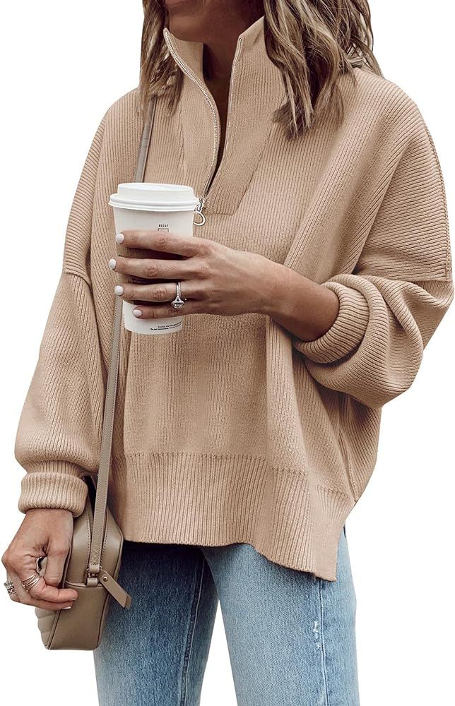 Imily Bela Women's 1/4 Zip Collared Sweaters Long Sleeve Oversized Slit Side Slouchy Sweatshirt K... | Amazon (US)