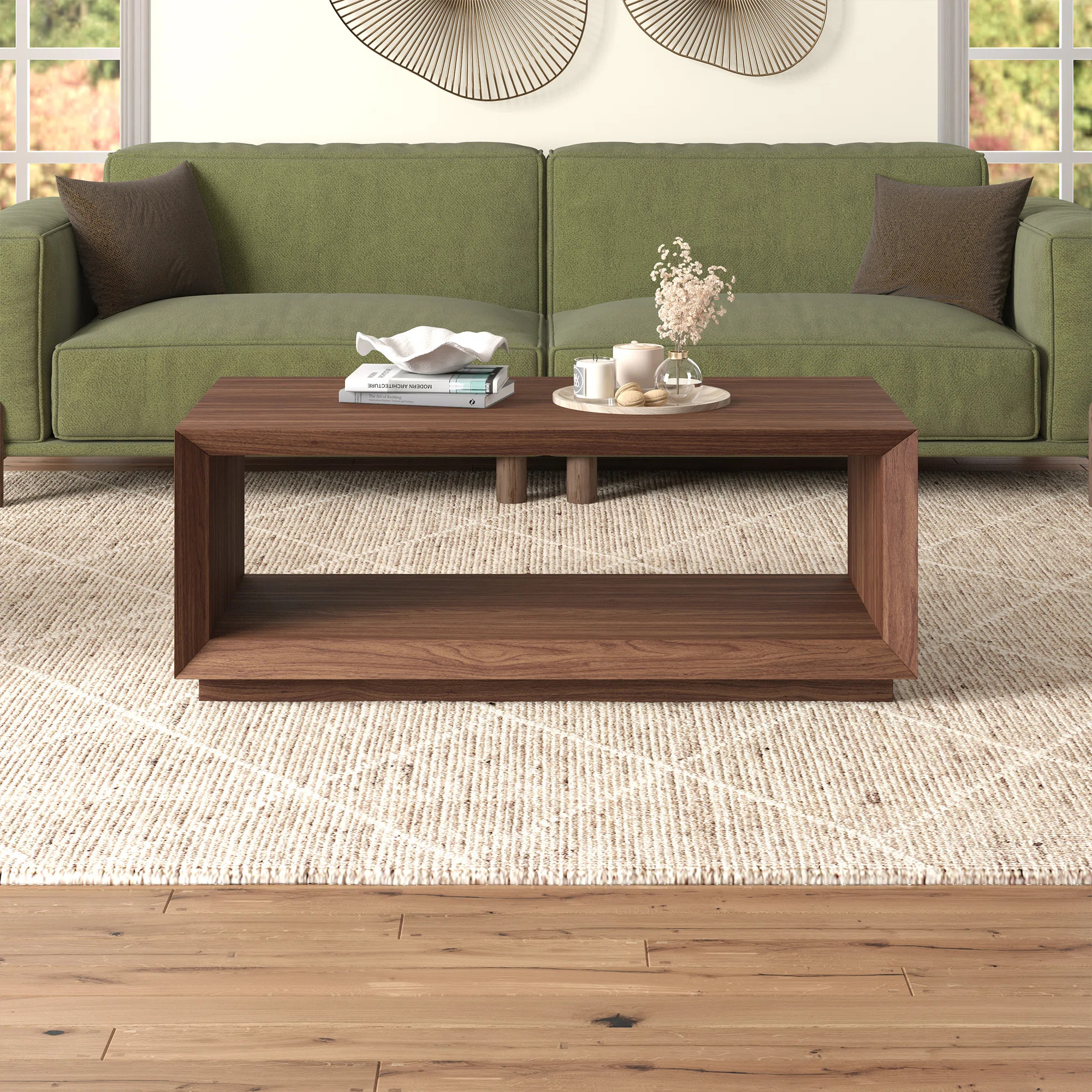 47.5" Wide Coffee Table with Open Lower Shelf — Satin Walnut Scandinavian MDF Center Table for ... | Wayfair North America
