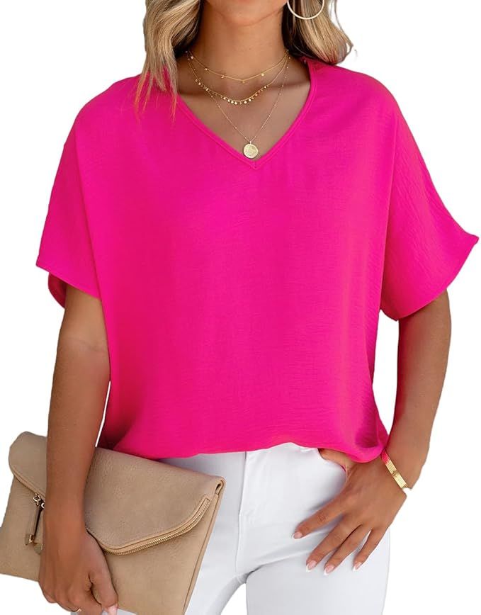 Allimy Women Summer Casual V Neck Textured Blouses Loose Short Sleeve Tops | Amazon (US)