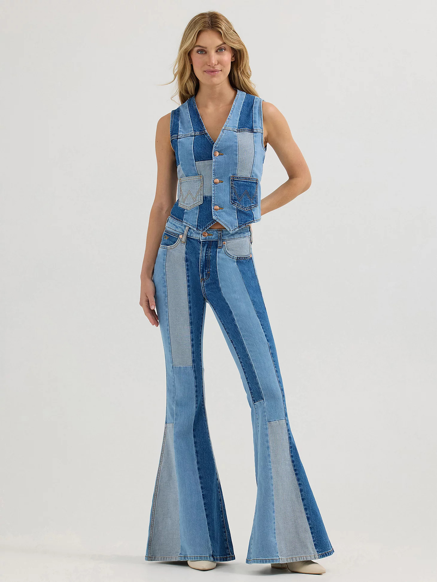 Wrangler x Lainey Wilson Patchwork Bell Bottoms in Patchwork Blue | Wrangler
