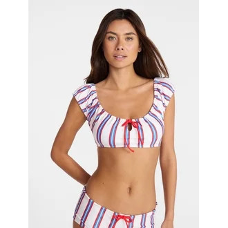 No Boundaries Striped Swim Bikini Top with Cap Sleeves, Women's XXS-XXL | Walmart (US)