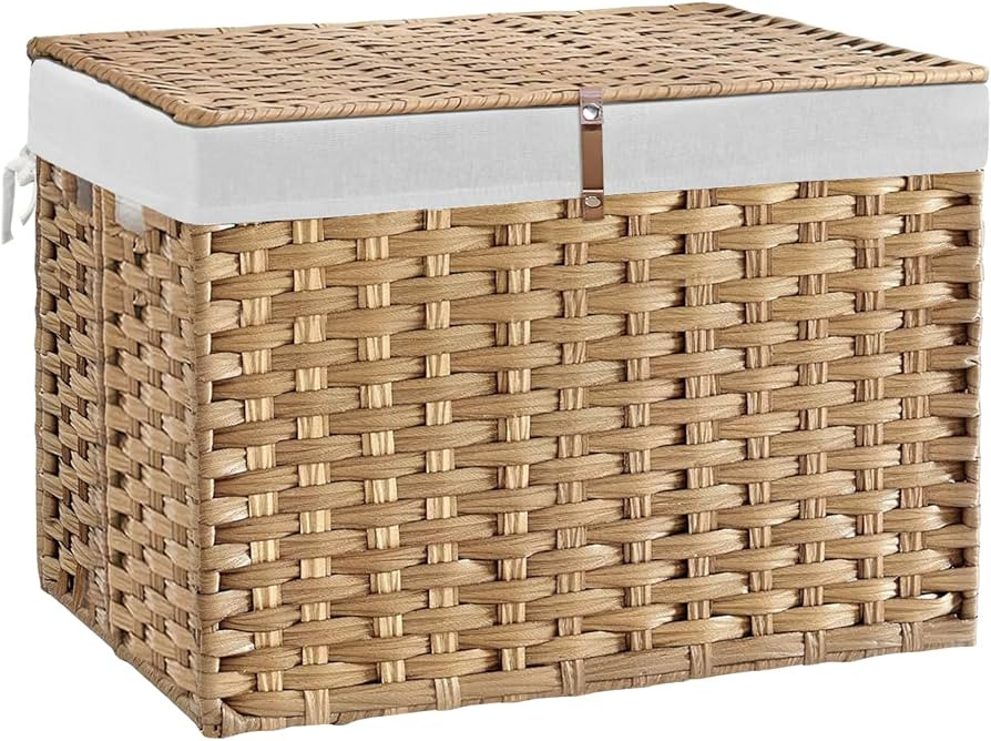 135L Wicker Storage Basket with Lid, Handwoven Large Shelf Basket with Removable Liner, 35.7 Gall... | Amazon (US)