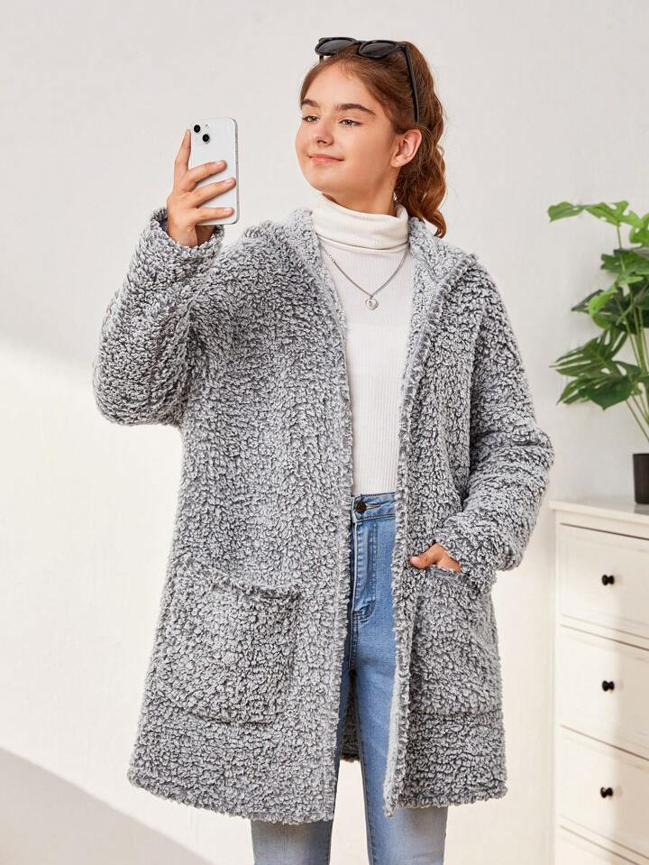 SHEIN Teen Girl Dual Pocket Hooded Teddy Coat | SHEIN