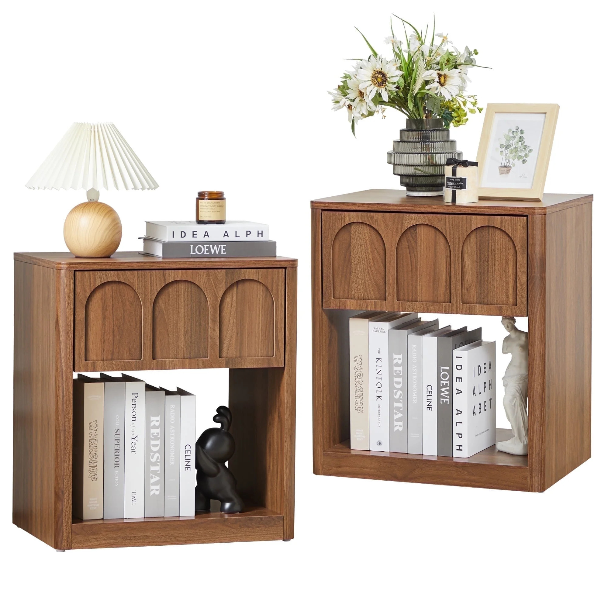 YOCWO Walnut Nightstand Set of 2 with Drawer for Bedroom, Wood Bedside Table with Arched Fluted | Walmart (US)