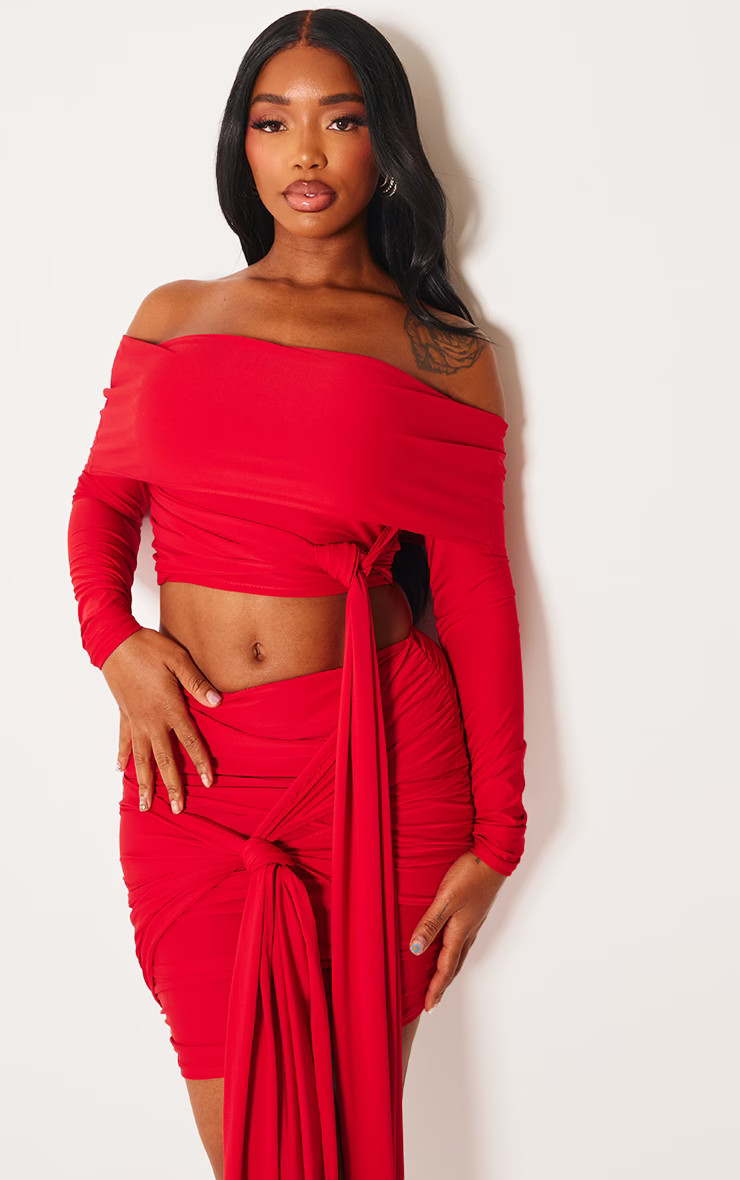 Shape Red Slinky Bardot Knot Side Crop Top | PrettyLittleThing US