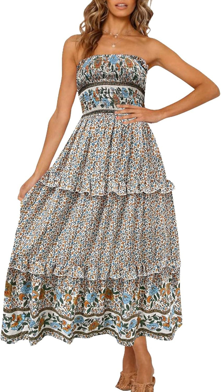 ZESICA Women's Summer Bohemian Floral Printed Strapless Beach Party Long Maxi Dress | Amazon (US)