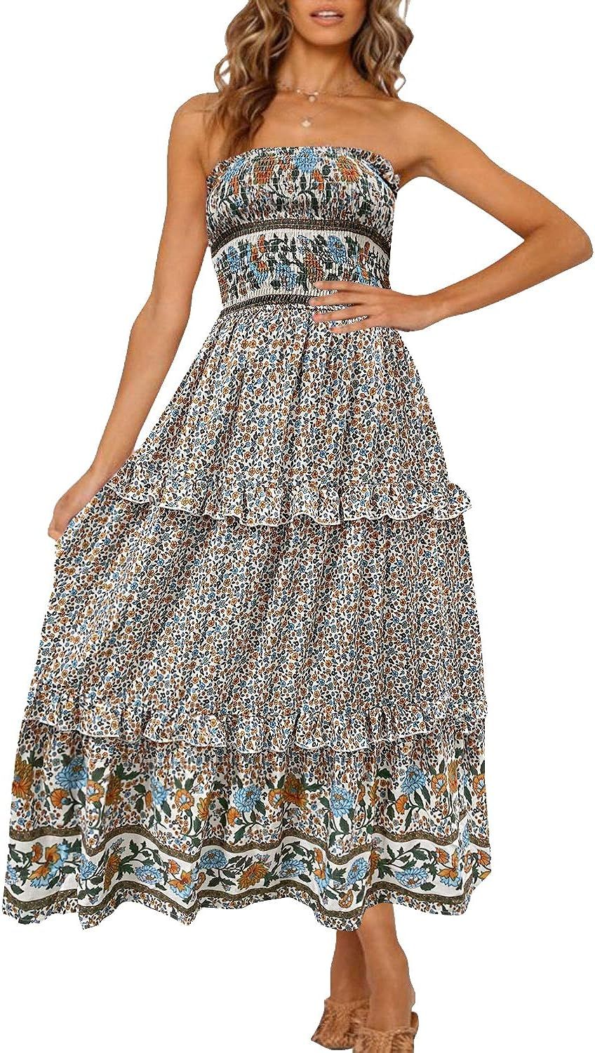 ZESICA Women's Summer Bohemian Floral Printed Strapless Beach Party Long Maxi Dress | Amazon (US)