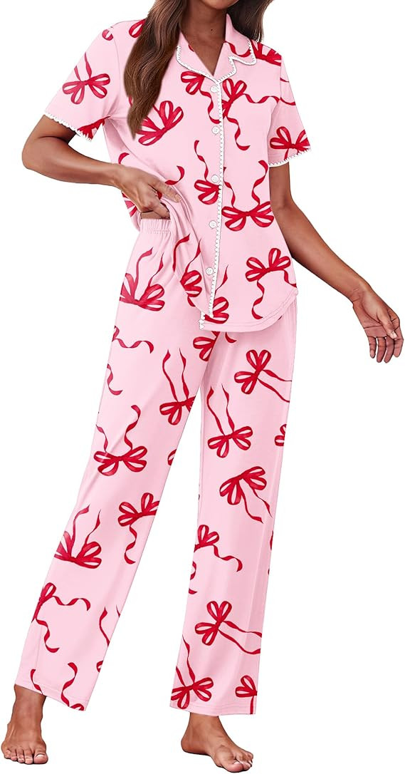 Ekouaer Women's Pajama Sets Button Down Loungewear Short Sleeve Sleepwear 2 Piece Pants Pjs Set w... | Amazon (US)