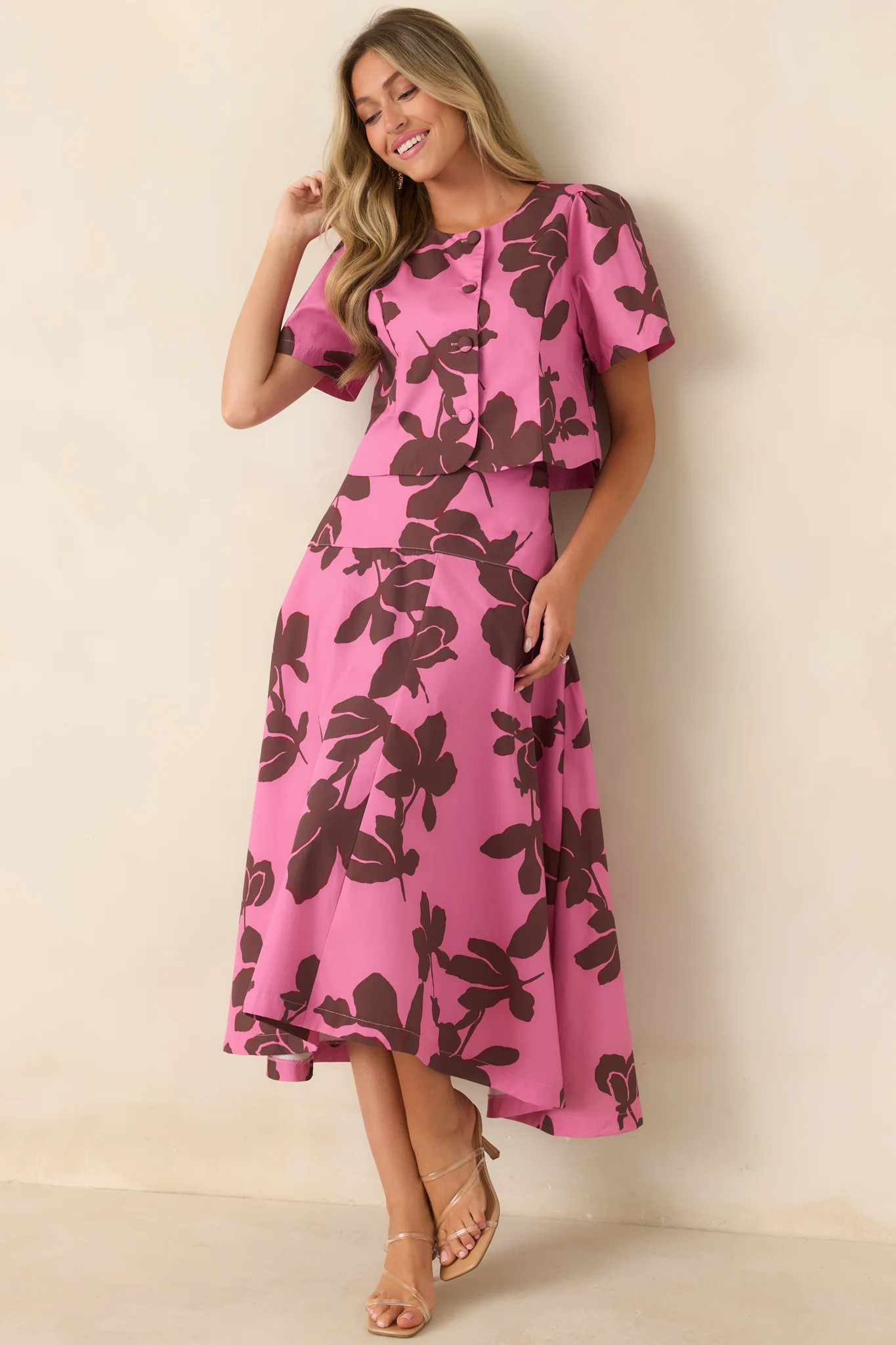 Worth Making Plans For Pink & Brown Floral Cotton Button Front Top | Red Dress