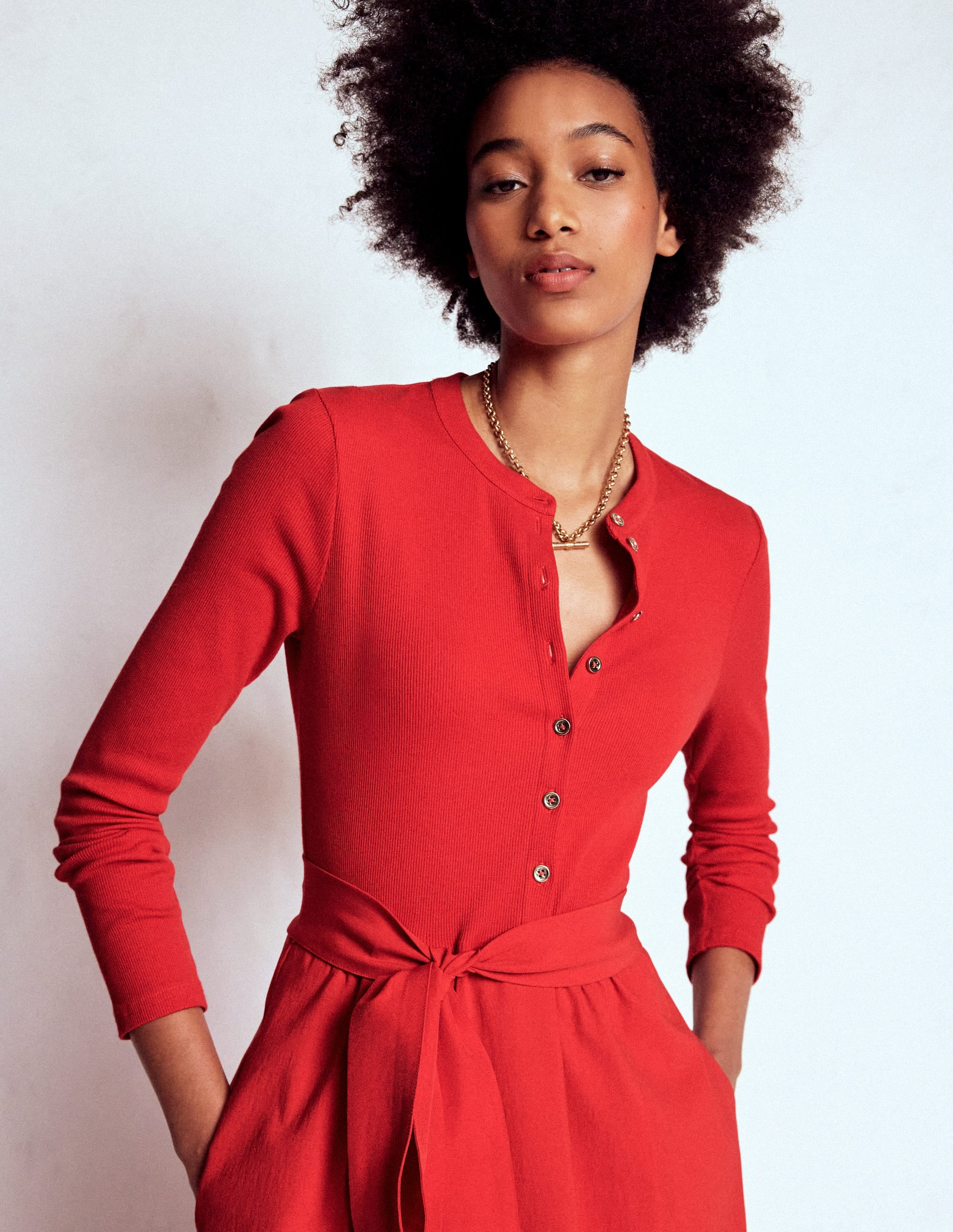 Button Detail Mix Dress-Crimson Red | Boden (US)