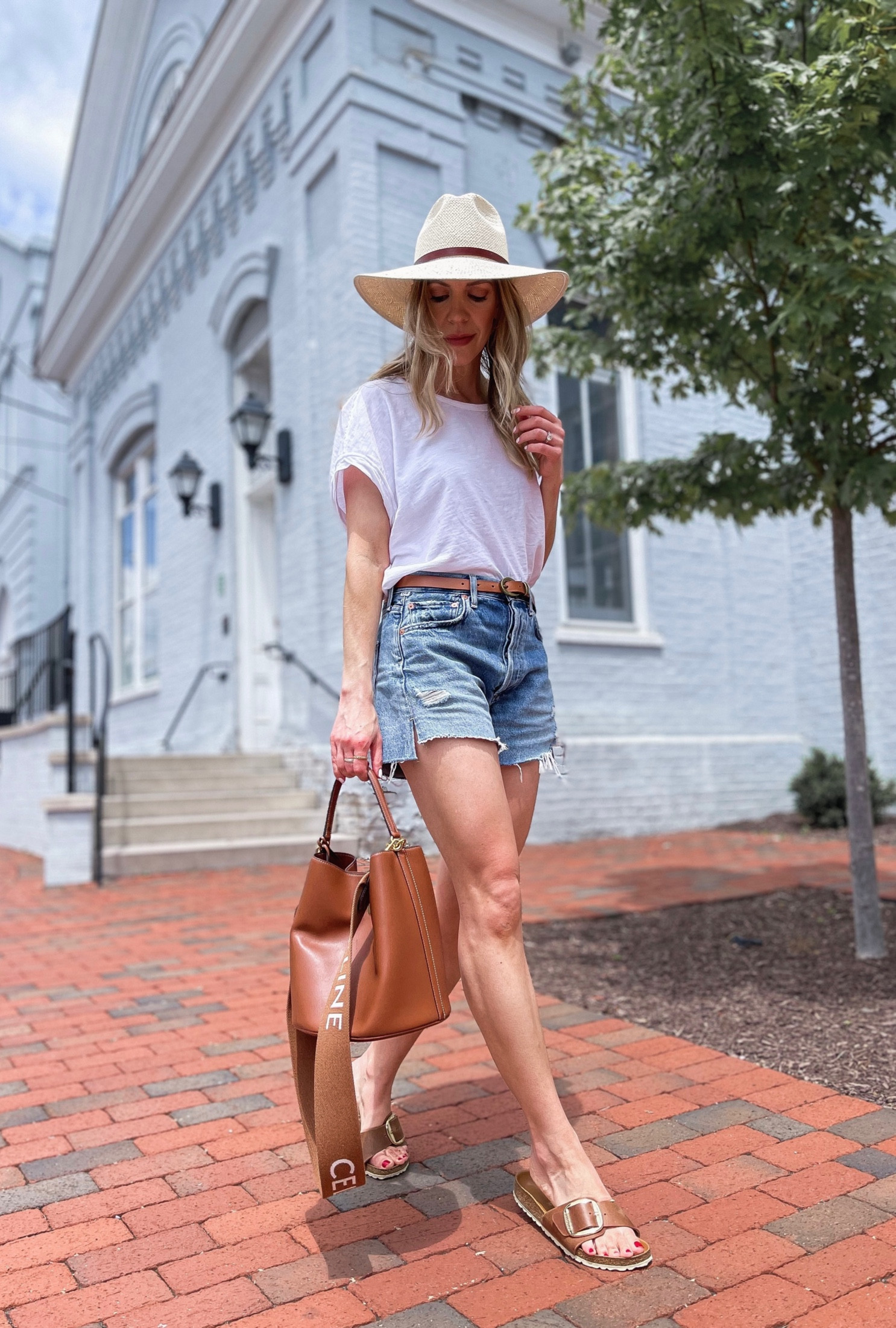 Classic summer style, white tee shirt, cutoff denim shorts, Birkenstock sandals, neutral straw hat

#LTKunder50 #LTKstyletip #LTKshoecrush