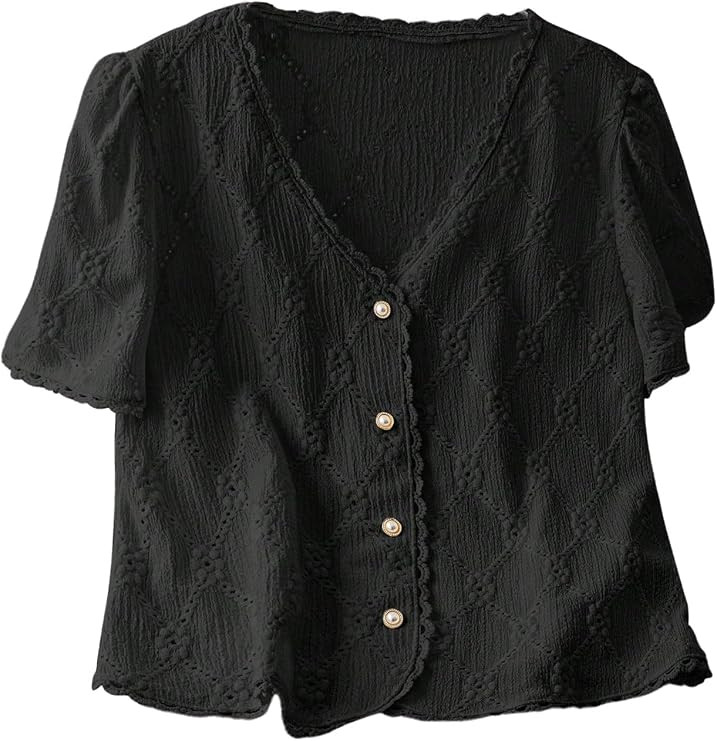 COZYEASE Women's Floral Embroidered Button Down Blouse Frill Trim Short Puff Sleeve V Neck Vacati... | Amazon (US)