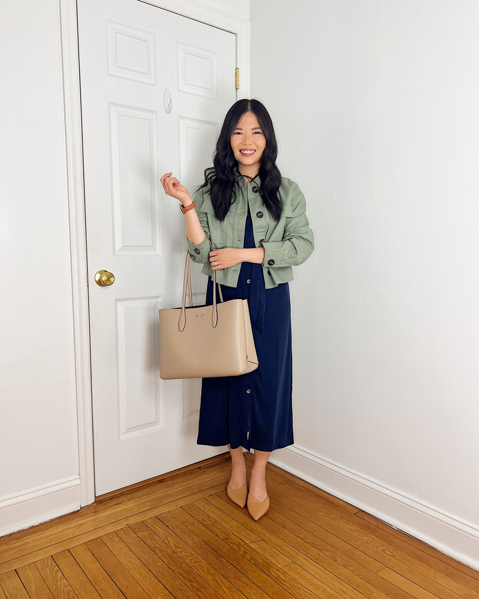 Light green jacket (XSP)
Cropped jacket
Navy dress (2P)
Navy midi dress
Taupe tote bag
Kate Spade Bleecker tote bag
Tan pumps (1/2 size up)
Smart casual outfit
Spring outfit
Spring work outfit
LOFT outfit

#LTKstyletip #LTKfindsunder100 #LTKworkwear
