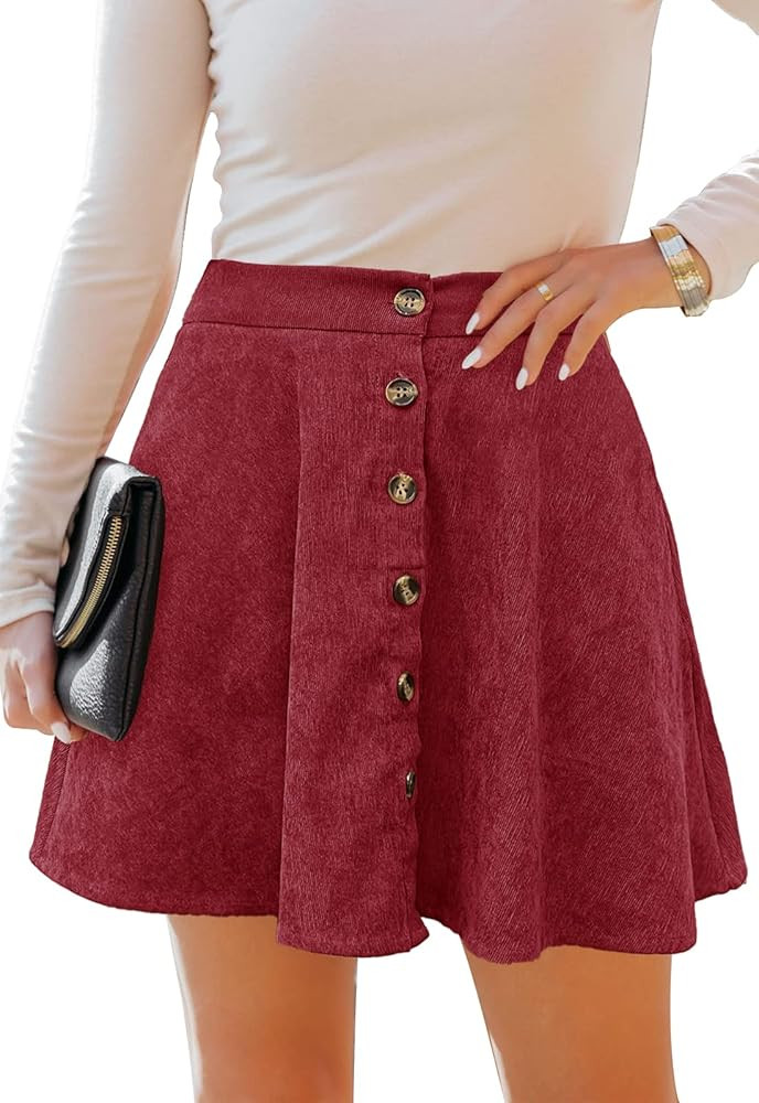 Women’s Button Front Mini Skirt A-line Pleated Corduroy Skater Skirts for Women with Pocket | Amazon (US)