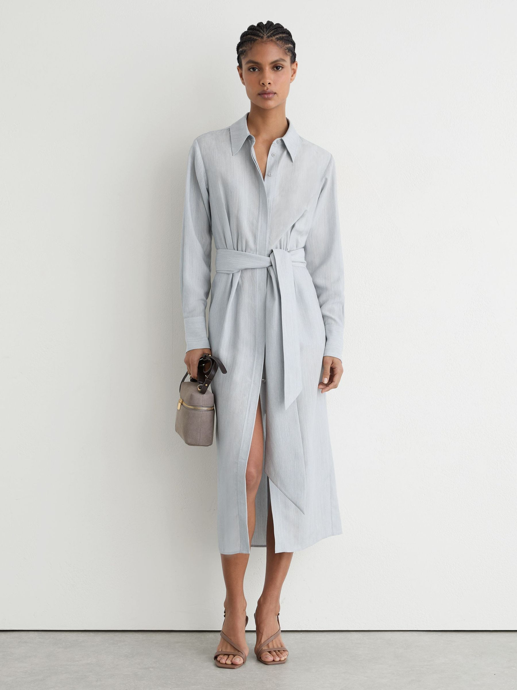 Reiss Modal-Blend Tie-Waist Shirt Dress in Blue - REISS | Reiss UK