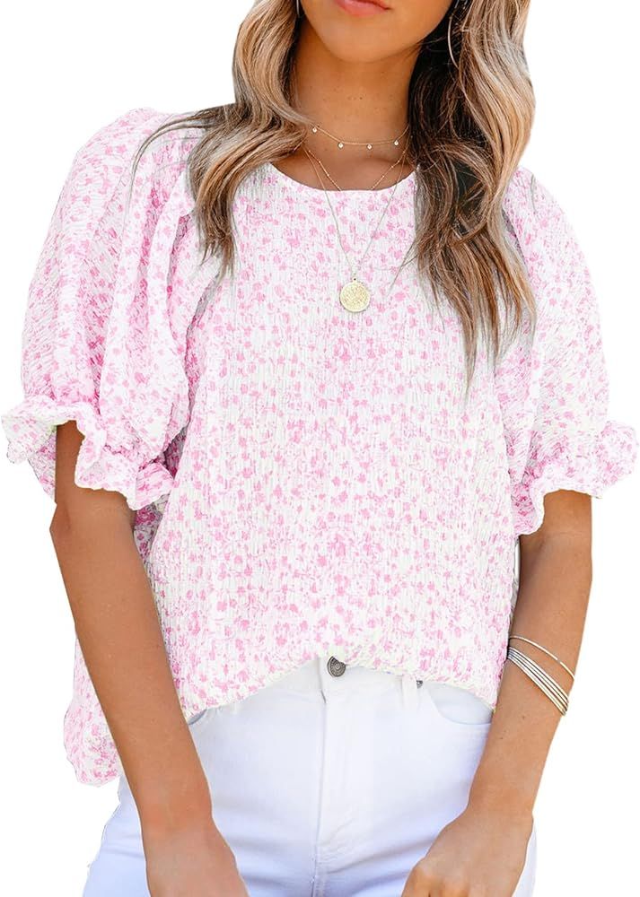 CHICZONE Women Shirt Crew Neck Smocked Puff Sleeve Boho Blouses Printed Loose Babydoll Tops | Amazon (CA)