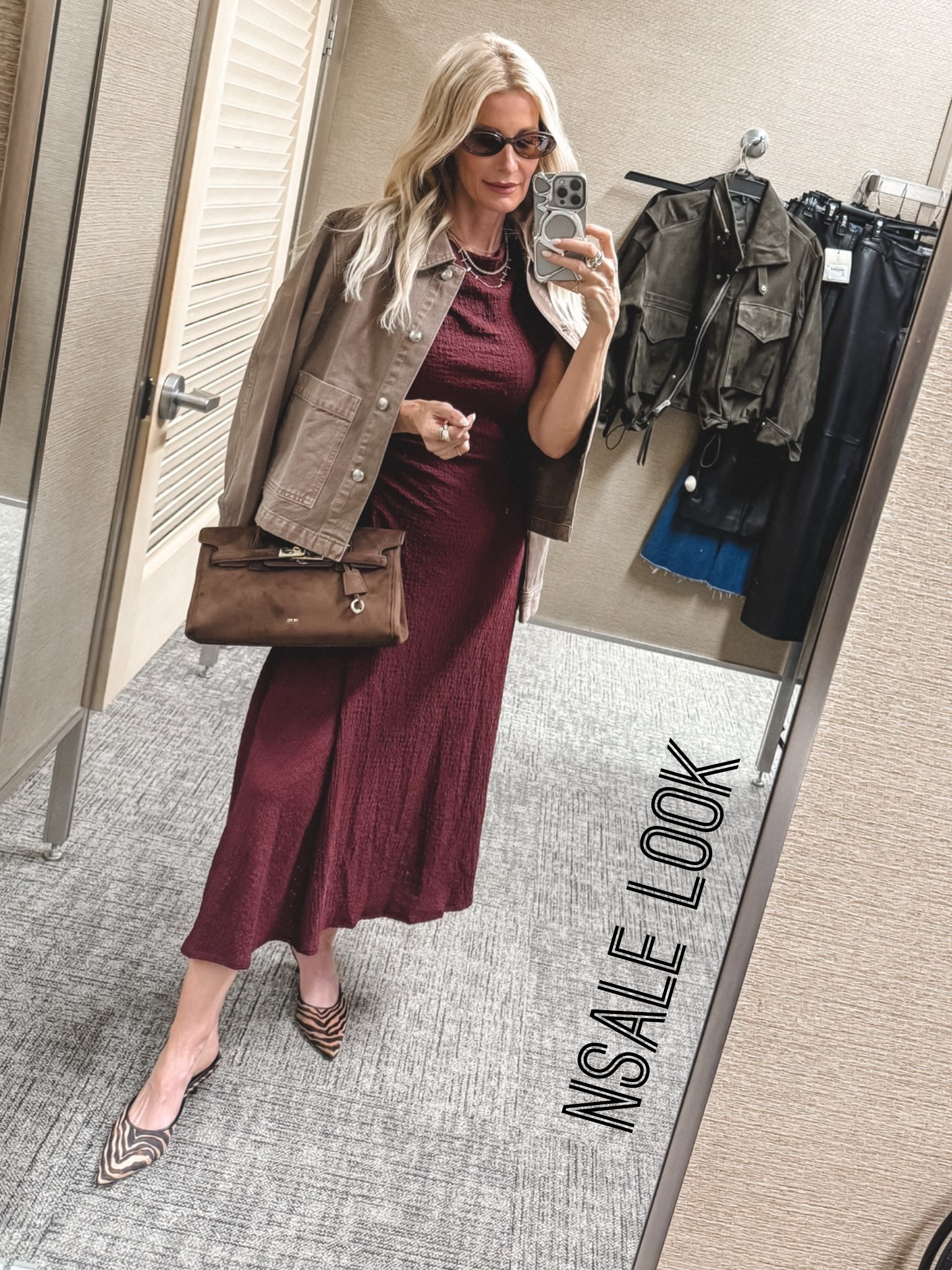 This entire look is part of the Nordstrom Anniversary Sale! 🤎 This gorgeous burgundy midi dress is under $100, wrinkle-resistant, and such a beautiful color for fall. I topped it with this tan-brown denim jacket and finished the look with zebra heels and a brown suede bag. I’m wearing an XS in both the jacket and the dress.

#LTKootd #LTKOver40 #LTKSaleAlert