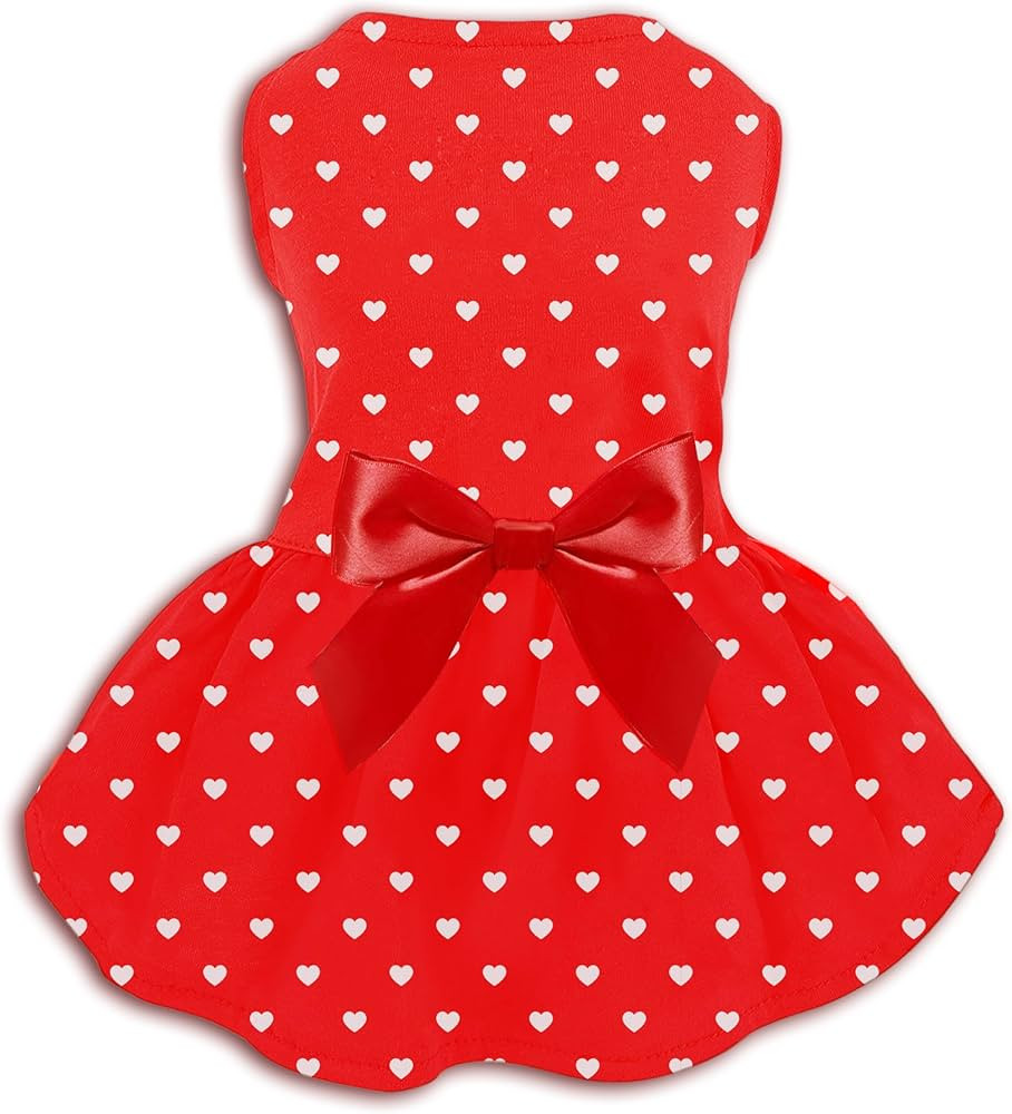 Valentine's Day Red Dog Dress, Cute White Heart Print & Satin Bow for Small Puppies, Pet Costume ... | Amazon (US)