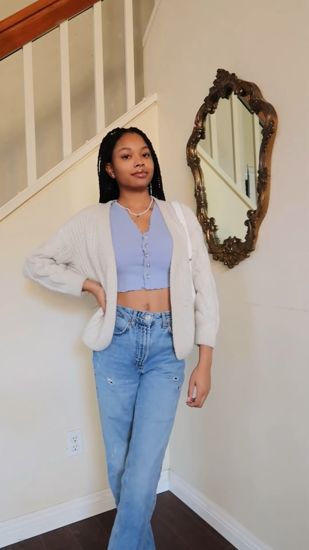 cable knit sweater, blue button crop top, crop cardgian top, v neck blue crop top, ruffle top, mom jeans, urban outfitter jeans, bog jeans, white shoulder bag, buckle bag, beaded necklace, jewelry

#LTKfindsunder50 #LTKVideo #LTKstyletip