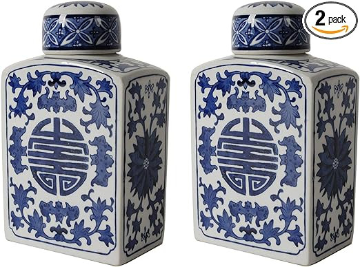 A&B Home 9'' Rectangular Blue White Ceramic Jar Set of 2 Home Decor Vase with Lid Centerpiece Dec... | Amazon (US)