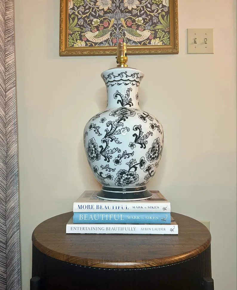 White Porcelain Lamp With Black Floral Pattern - Etsy | Etsy (US)