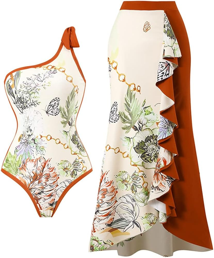 IDOPIP Women's One Piece Swimsuit with Beach Cover up Wrap Skirt Sarong Retro Floral Print Bikini... | Amazon (US)