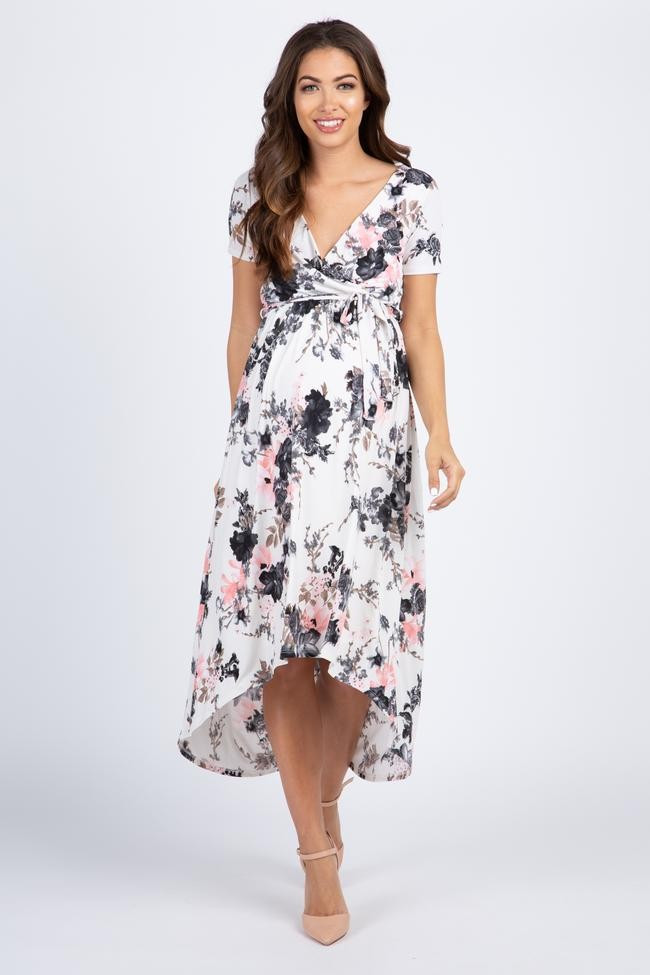 PinkBlush White Floral Hi-Low Maternity/Nursing Wrap Dress | PinkBlush Maternity