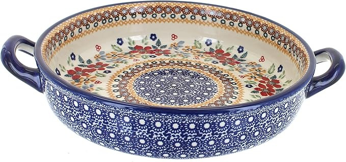 Blue Rose Polish Pottery Red Daisy Small Round Baker With Handles | Amazon (US)