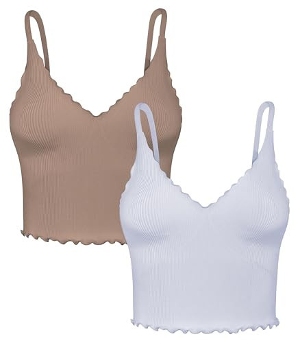 Sunzel Tank Top for Women, V Neck Cropped Seamless Ribbed Camisole with Ruffles for Workout Yoga Lounge (Brown&Grey XS-S) | Amazon (US)
