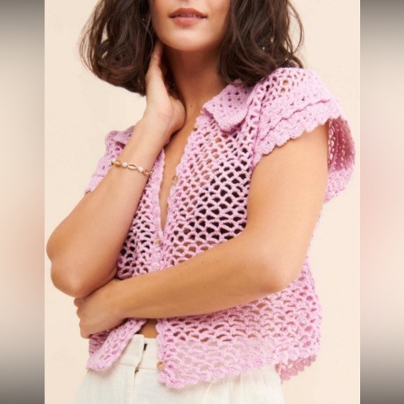 Free People Lily Crochet Pink Short Sleeve Top | Poshmark