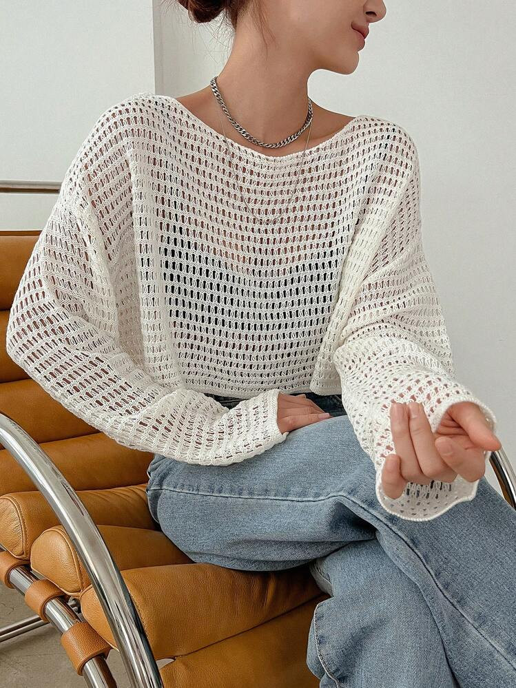 DAZY Hollow Out Drop Shoulder Crop Sweater Sheer,Fall Women Clothes | SHEIN