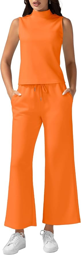 Women's Summer 2 Piece Outfits Mock Neck Tank Top Cropped Wide Leg Pants Lounge Sets 2025 Fashion... | Amazon (US)