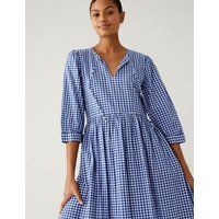 M&S Womens Pure Cotton Gingham Midi Dress - 10PET - Blue Mix, Blue Mix | Marks & Spencer (UK)